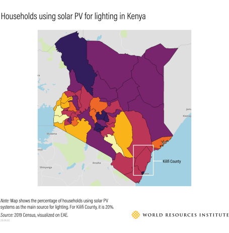Map showing household solar power use in Kenya at the county level.