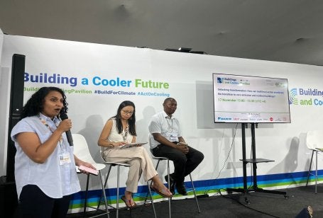 Panelists speaking at a climate-friendly buildings event at the UN climate summit.