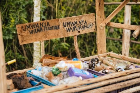 Waste recycling bins at a farm.