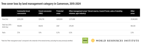 Tree cover loss by land management category in Cameroon, 2015-2024 