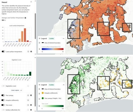 Two maps show how land surface temperatures in Cape Town can soar in areas with fewer trees