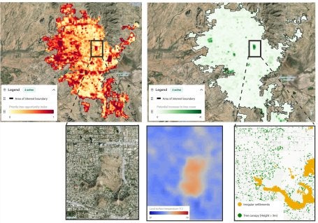 Maps from Cool Cities Lab showing the hottest areas of Hermosillo and where planting trees could help cool the city down.