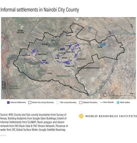 A map showing the Informal settlements in Nairobi.