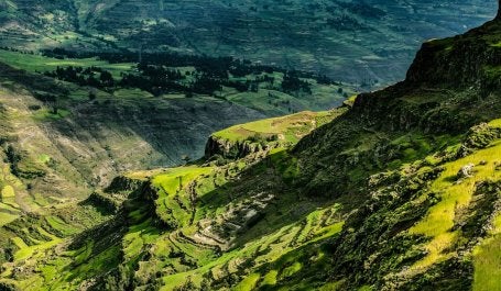 A green, hilly landscape in Lalibela, Ethiopia