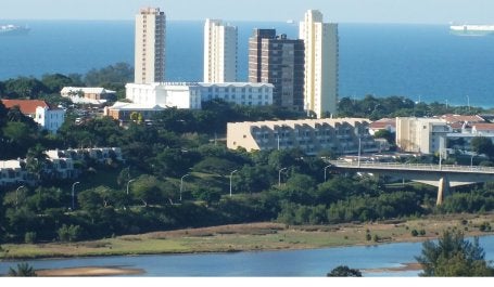 An overview of Umgeni River's Blue Lagoon in Durban, South Africa.
