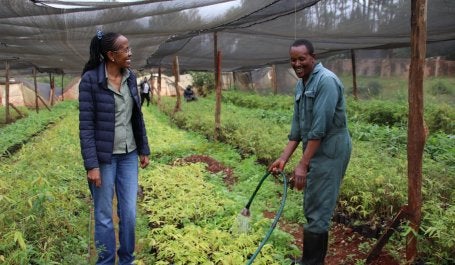 Caroline Kariuki, CEO of Kenya's GreenPot Enterprises, with one of her employees at a bamboo nursery. The company's bamboo helps farmers restore degraded land and make extra income.