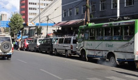In Addis Ababa, public transport vehicles wait in a long queue for diesel at a fuel station in the Lideta area. 