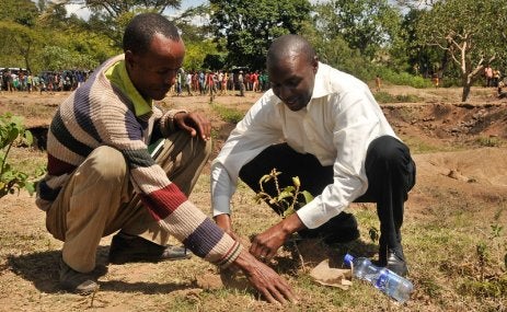 Two people planting a tree seedling in the Lake Abaya watershed in Southern Ethiopia's Great Rift Valley.