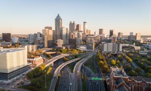 Aerial shot over the downtown connector during sunset in Atlanta, Georgia