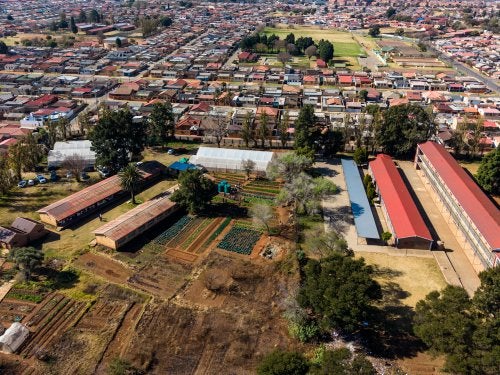 Arial shot of Soweto showing the green nursery within the neighbourhood with limited green infrustructure