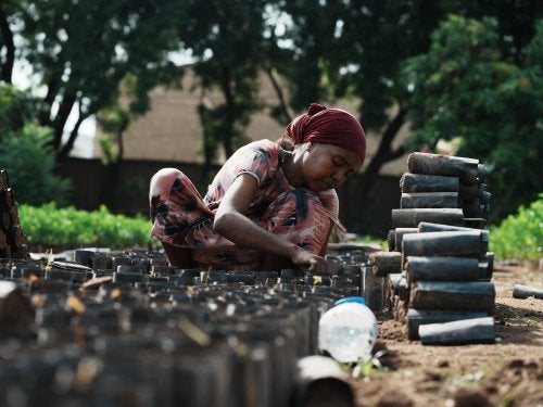 A girl crouches on the ground, focusing on arranging wooden logs amidst a green setting.