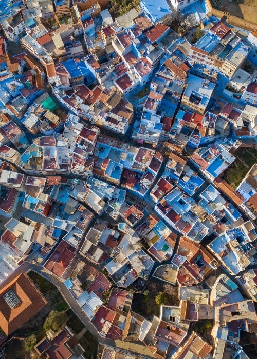 Aerial view of Medina blue old city in Chefchaouen, Morocco.